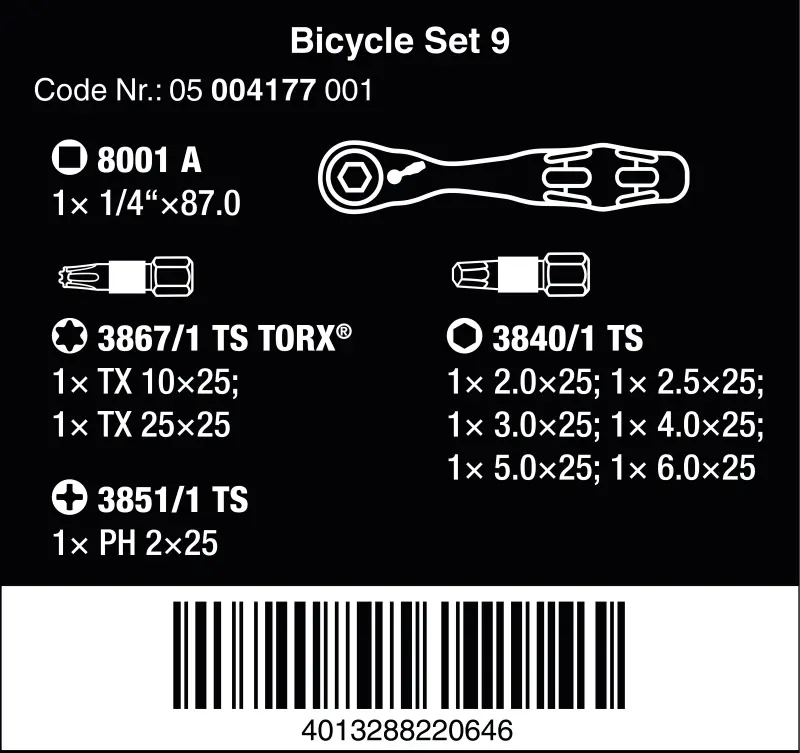 Wera 004177 Šroubovací bity Zyklop 1/4" Bicycle Set  9 s ráčnou 1/4" Mini 8001 A - 10 dílů (W05004177001)