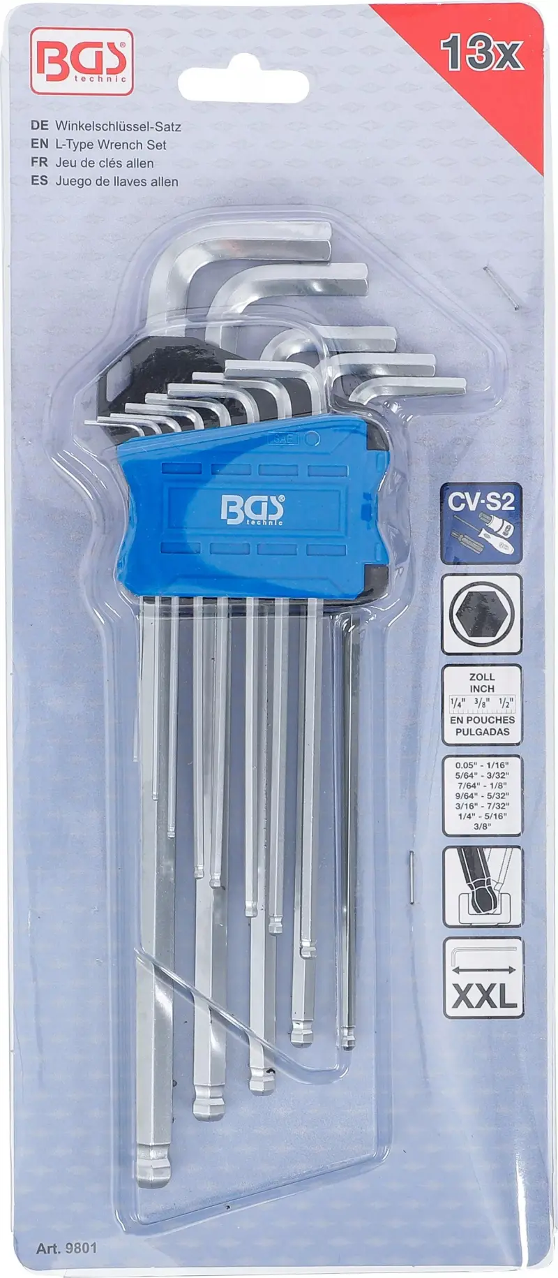 Sada zahnutých klíčů, velmi dlouhé, palcové velikosti vnitřní šestihran, vnitřní šestihran s kulovou hlavou 0,05" - 3/8" (13 dílná) BGS 9801 (BGS109801)