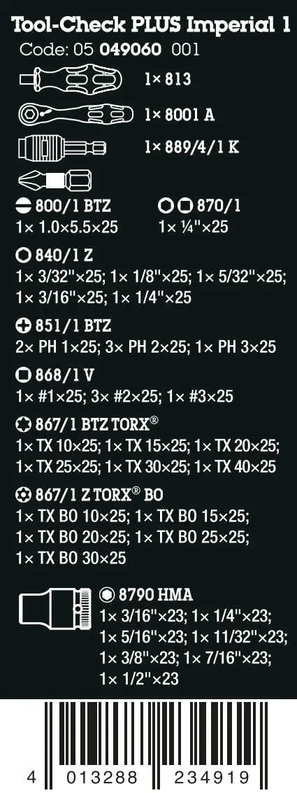 Wera 049060 Šroubovací bity, hlavice a ráčna Zyklop 1/4" Tool-Check Plus Imperial 1 - palcové (Sada 39 dílů) (W05049060001)