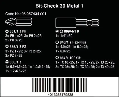 Wera 057434 Houževnaté bity Bit-Check 30 Metal 1 s držákem 899/4/1 (Sada 30 dílů) (W05057434001)