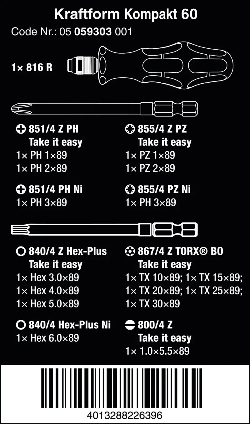 Wera 059303 Držák 816 R s rychlovýměnnou hlavou a bity 89 mm Kraftform Kompakt 60 Tool Finder (Sada 17 dílů) (W05059303001)