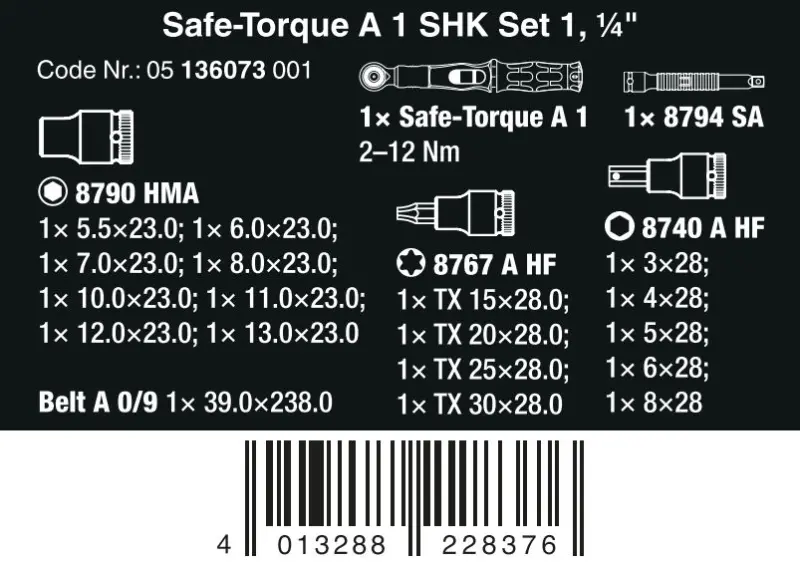 Wera 136073 Momentový klíč Safe-Torque A 1 SHK Set 1, čtyřhran 1/4", 2 ÷ 12 Nm (Sada 20 dílů) (W05136073001)