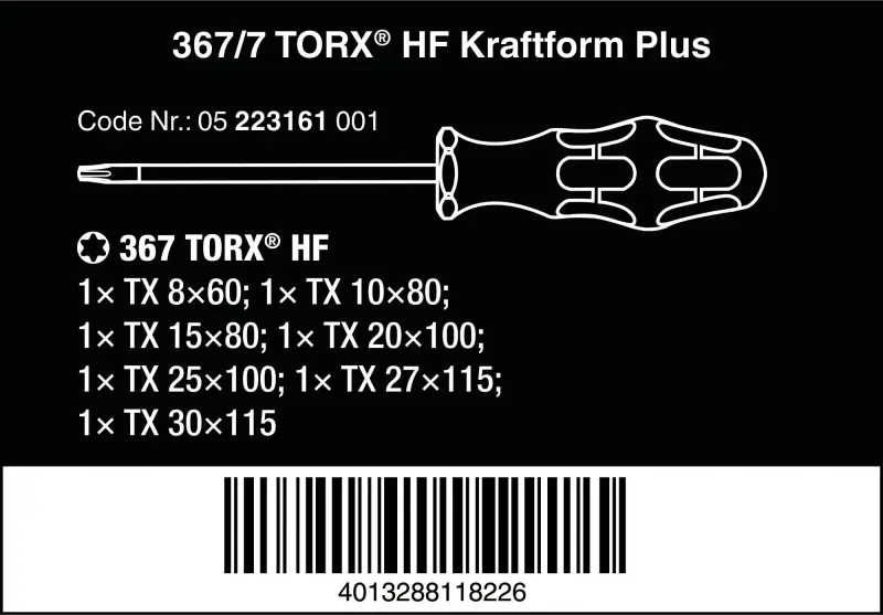 Wera 223161 Šroubováky Kraftform Plus 367/7 TORX® HF, přidržovací funkce (Sada 7 dílů + stojánek) (W05223161001)