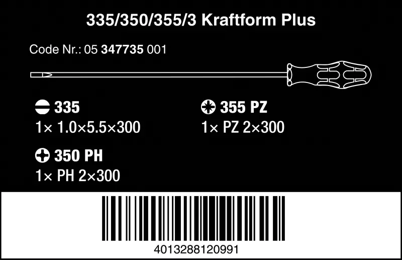 Wera 347735 Prodloužené šroubováky Kraftform Plus typ 335/350/355/3 (Sada 3 díly) (W05347735002)