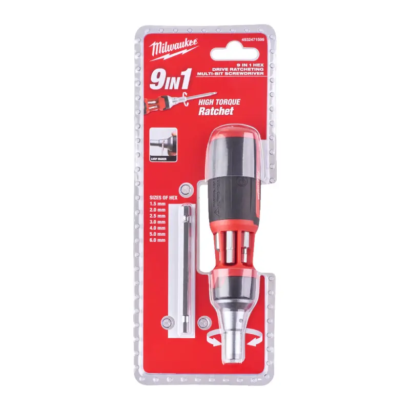 Ráčnový šroubovák s úložištěm imbus bitů Milwaukee, Multi-bit 9v1 (HEX - 88mm dlouhé bity) - Sada 9 dílů (MI4932471599)
