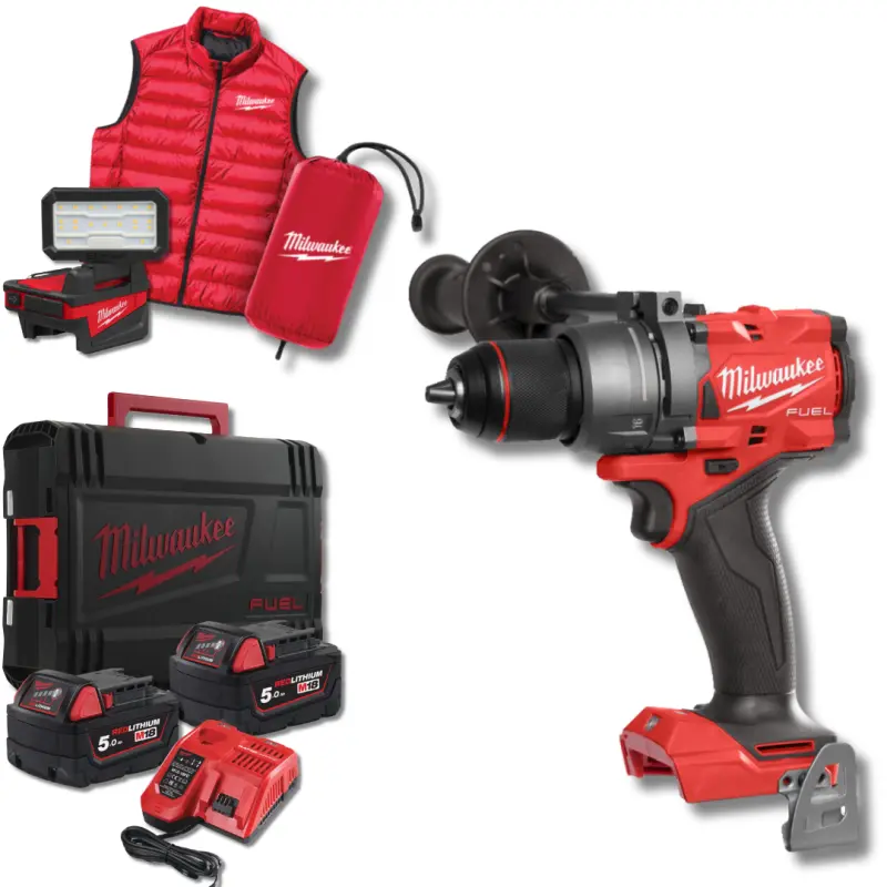 Aku příklepová vrtačka Milwaukee M18 FPD3MC-502X, vesta + M18 ALIS-0 + kufr, POWER PACK IN2 MONAKO 2025, 4933499451