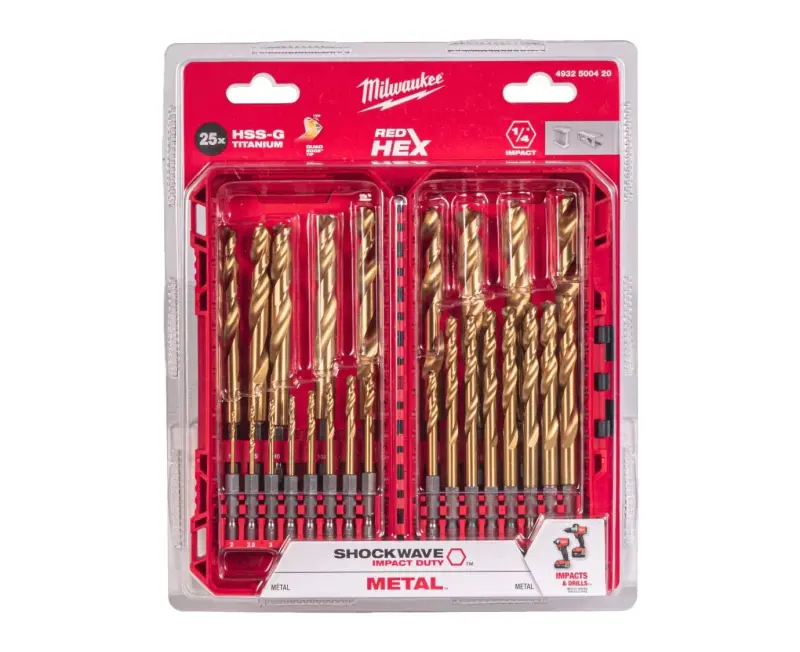 Vrtáky HSS-G do kovu Milwaukee  SHOCKWAVE IMPACT DUTY TiN Red HEX 1/4