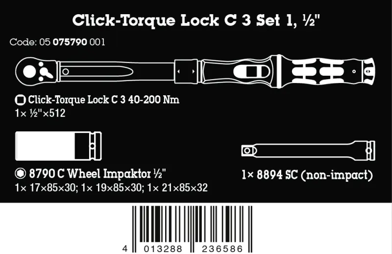 Wera 075790 Nářadí s momentovou ráčnou (40-200 Nm) pro výměnu kola automobilů Click-Torque Lock C 3 1 - 6 ks (W05075790001)