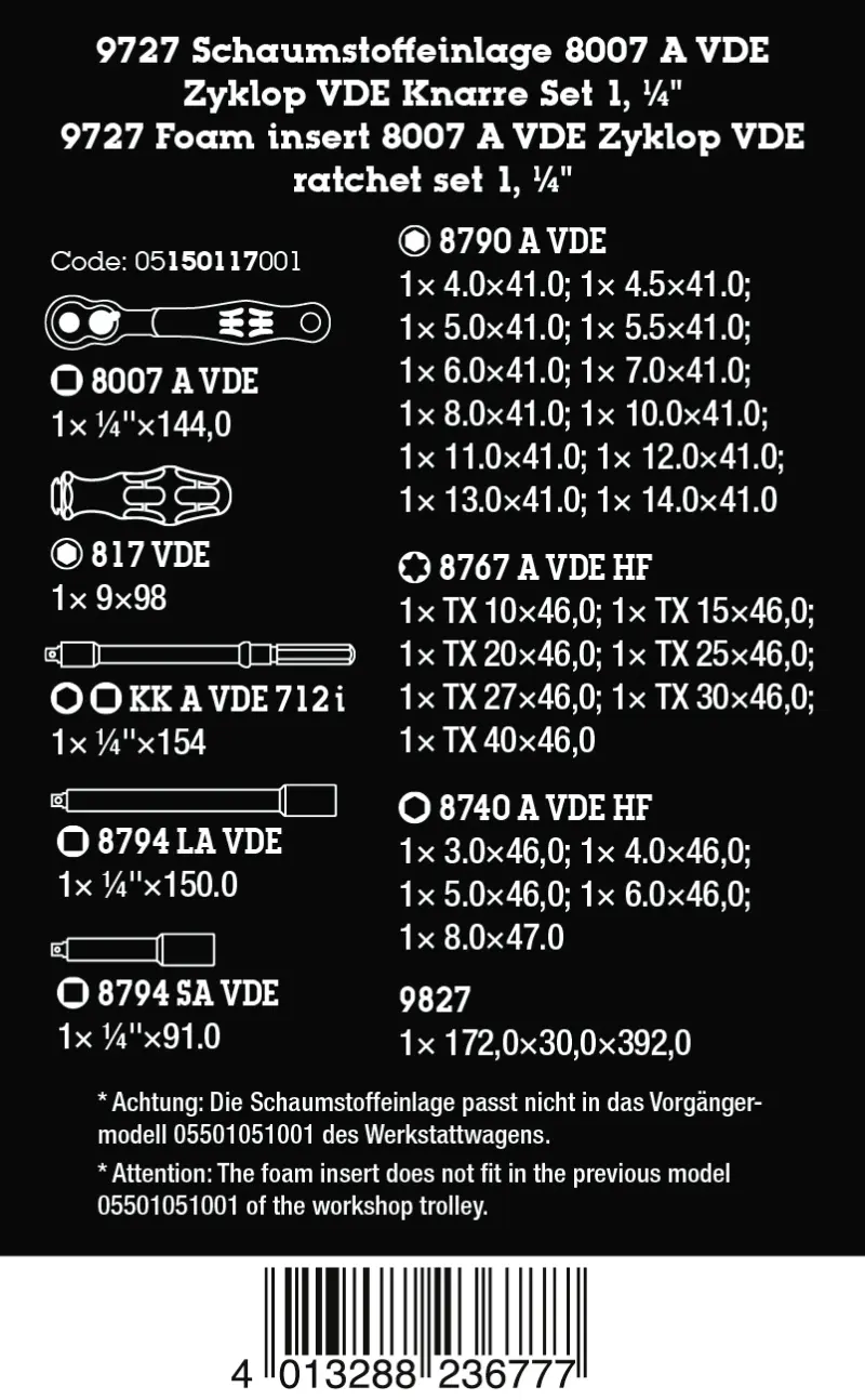Wera 150117 Pěnová vložka 9727 s gola sadou 1/4" 8790 A VDE Zyklop - 30 ks  (W05150117001)