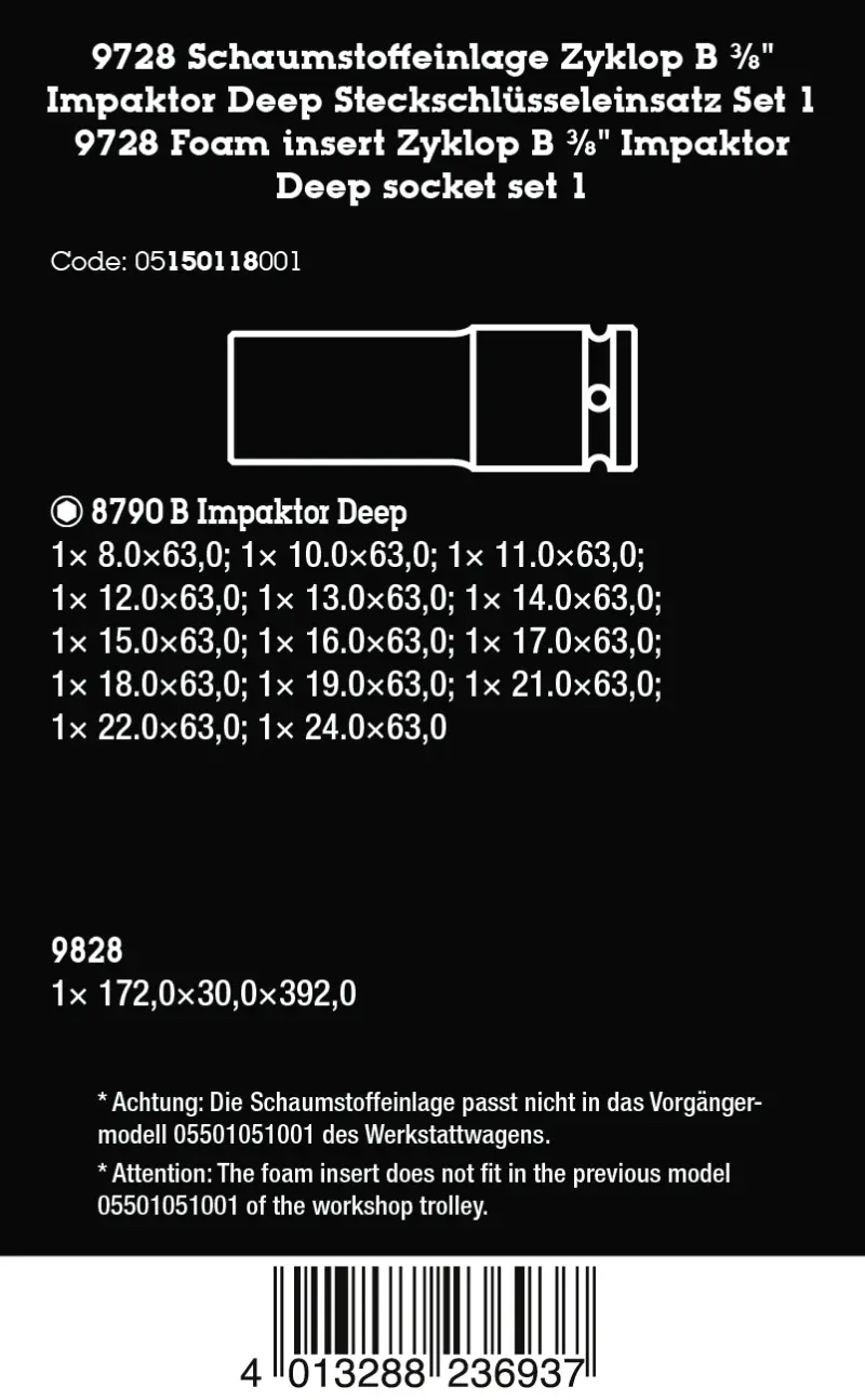 Wera 150118 Pěnová vložka 9728 s nástrčnými hlavicemi 3/8" 8790 B Impactor Deep Set 1 - 11 ks  (W05150118001)