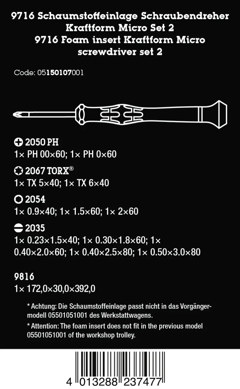 Wera 150107 Pěnová vložka 9716 Šroubováky pro elektroniku Kraftform Micro Set 2 - 13 ks (W05150107001)