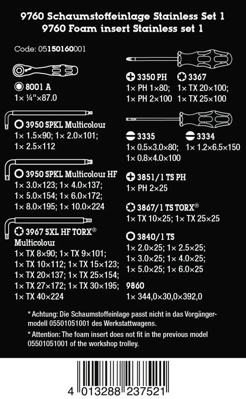 Wera 150160 Pěnová vložka 9760 Nářadí z nerezové oceli pro univerzální použití Sada 1 - 36 ks (W05150160001)
