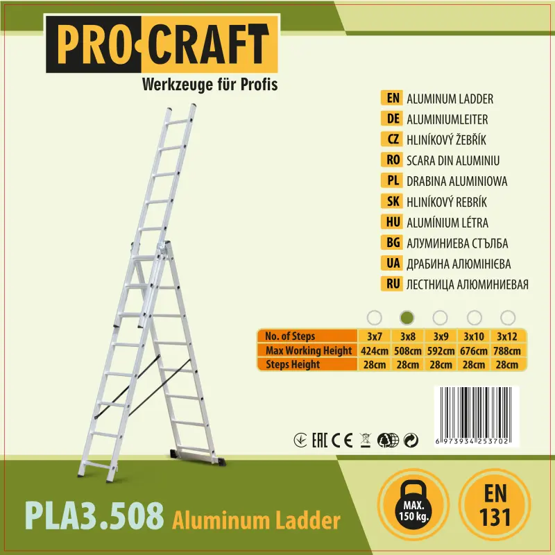 Žebřík hliníkový třídílný 3x8 Procraft PLA3.508 | PLA3.508