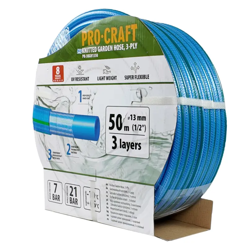 Modrá zahradní hadice Procraft PR-3KGH1350 3 vrstvy, 1/2" 50m | PR-3KGH1350