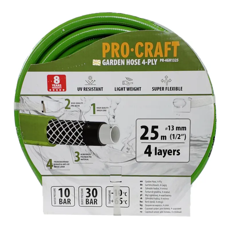 Zelená zahradní hadice Procraft PR-4GH1325 4 vrstvy, 1/2" 25 m | PR-4GH1325