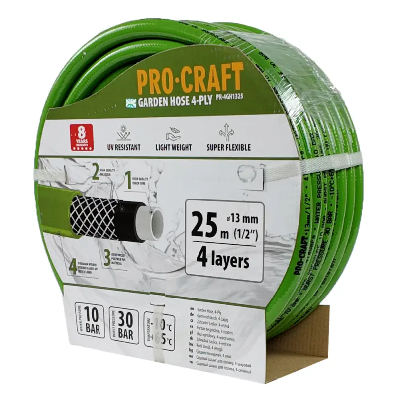 Zelená zahradní hadice Procraft PR-4GH1325 4 vrstvy, 1/2" 25 m | PR-4GH1325