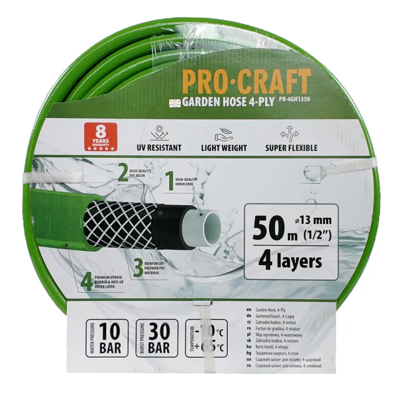 Zelená zahradní hadice Procraft PR-4GH1350 4 vrstvy, 1/2" 50 m | PR-4GH1350