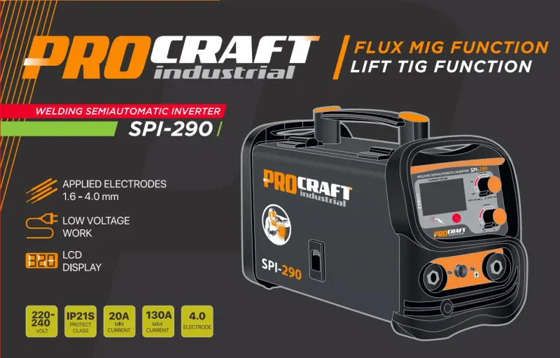 Kombinovaná invertorová svářečka Co Flux - trubičkový drát, MMA, TIG lift Procraft SPI-290 | SPI-290