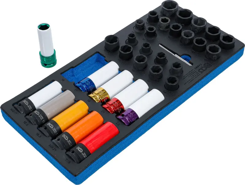 BGS 74557 Vložka do dílenského vozíku 1/3: Nástrčné hlavice 1/2", speciální na šrouby kol a vytahováky šroubů se spirálovým profilem - 33 dílů