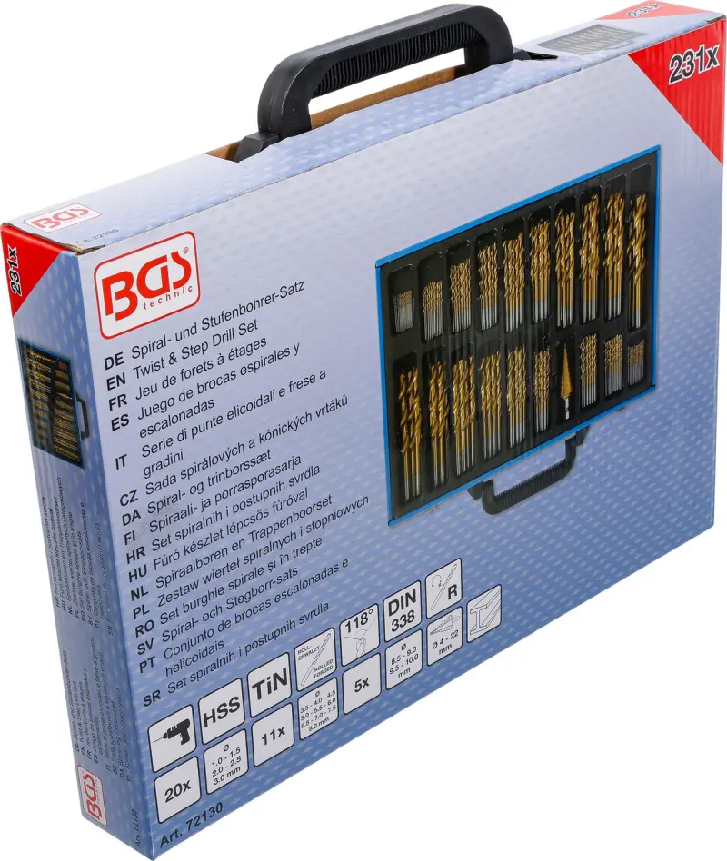 BGS 72130 Válcové a kuželové HSS vrtáky 1 - 10 mm, TiN - 231 dílů