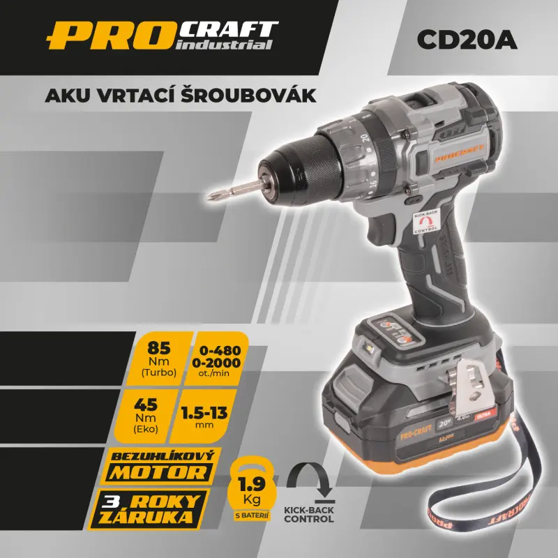 Aku vrtací šroubovák Procraft Industrial CD20A (PRCCD20A1BC)