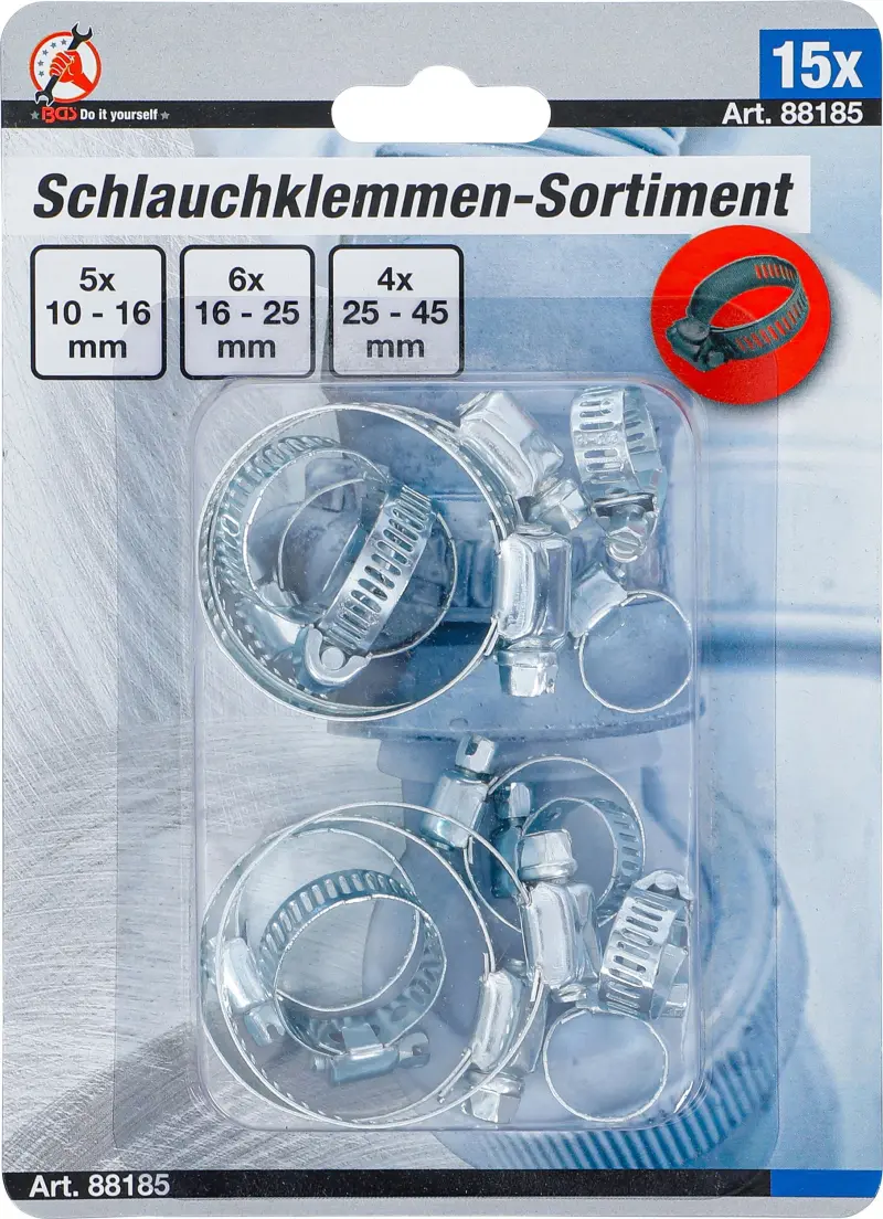 Hadicové spony pr. 10 ÷ 45 mm Kraftmann 88185 - 15 dílů (BGS1088185)