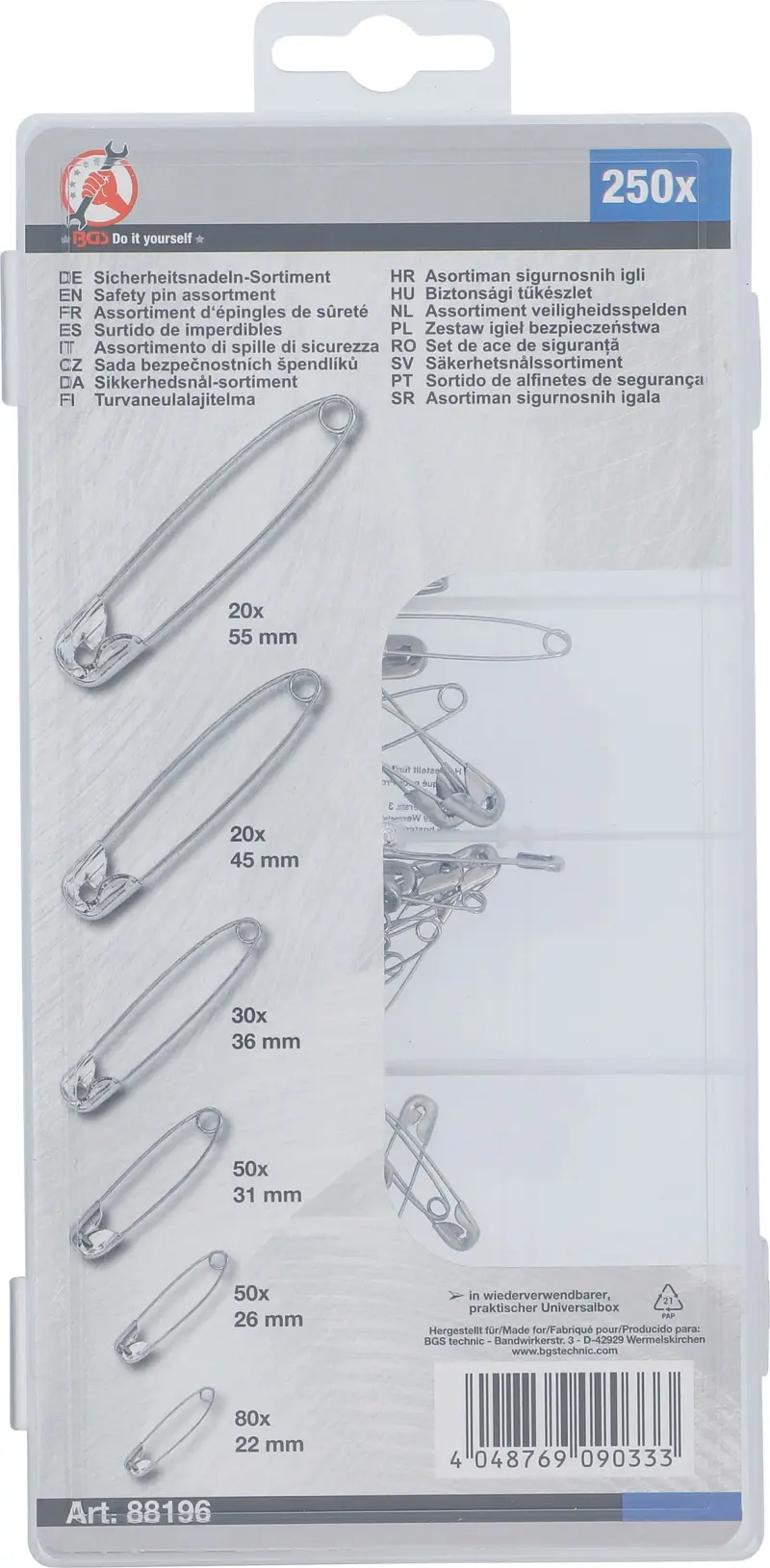 Bezpečnostní špendlíky 22 ÷ 55 mm Kraftmann 88196 6 velikostí - 250 dílů (BGS1088196)