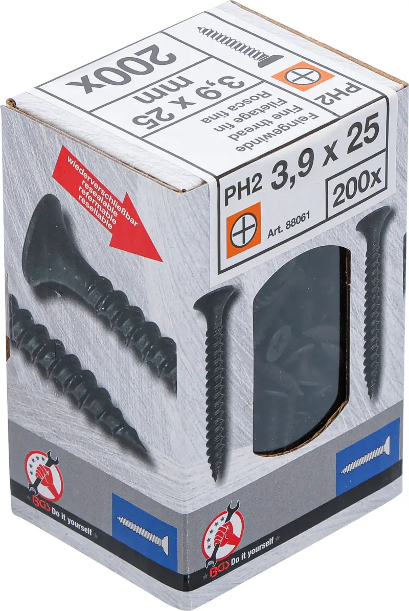 Sádrokartonové vruty PH2 Jemný závit 3,9 × 25 mm 200 ks Kraftmann 88061 (BGS1088061)