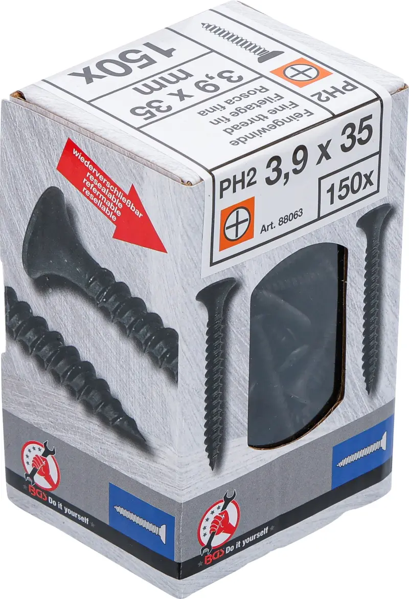 Sádrokartonové vruty PH2 Jemný závit 3,9 × 35 mm 150 ks Kraftmann 88063 (BGS1088063)