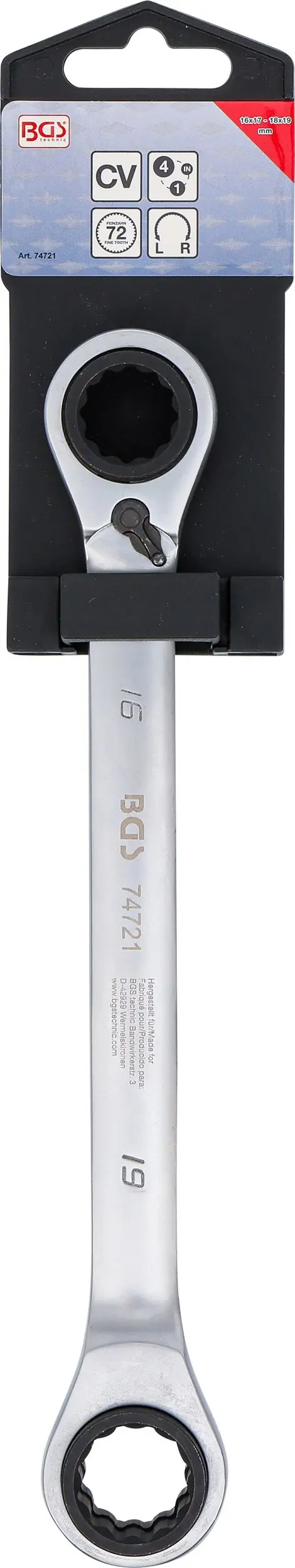 Oboustranný ráčnový očkový klíč přestavitelný 4 v 1 16 x 17 - 18 x 19 mm BGS 74721 (BGS1074721)