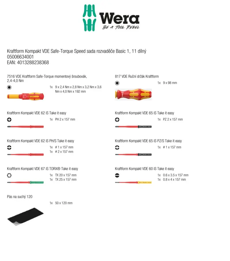 Wera 006634 Nářadí pro šroubové spoje rozvaděčů regulace otáček Kraftform Kompakt VDE Safe-Torque Basic 1 - 11 dílů (W05006634001)