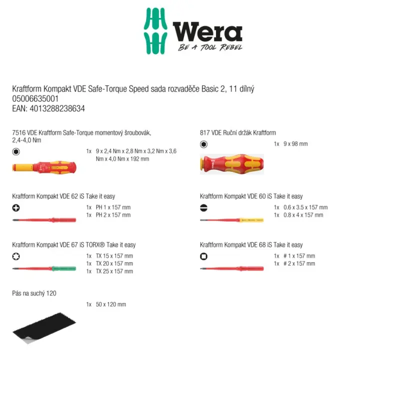 Wera 006635 Nářadí pro šroubové spoje rozvaděčů regulace otáček Kraftform Kompakt VDE Safe-Torque Basic 2 - 11 dílů (W05006635001)