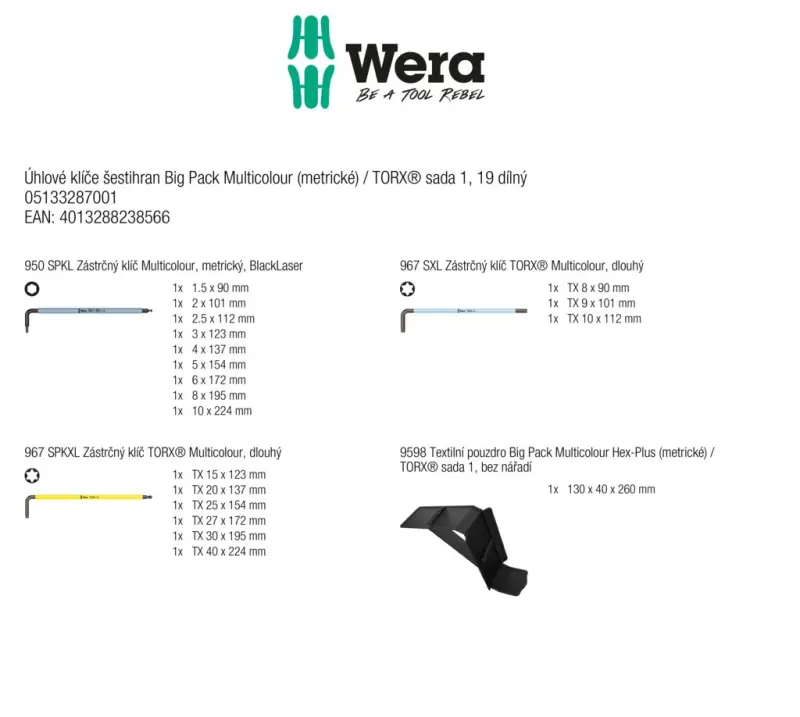Wera 133287 Zástrčné klíče vícebarevné HEX a TORX® 1 - 19 dílů (W05133287001)
