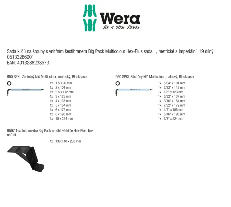 Wera 133286 Zástrčné klíče vícebarevné Hex-Plus 1, metrické a imperiální - 19 dílů (W05133286001)