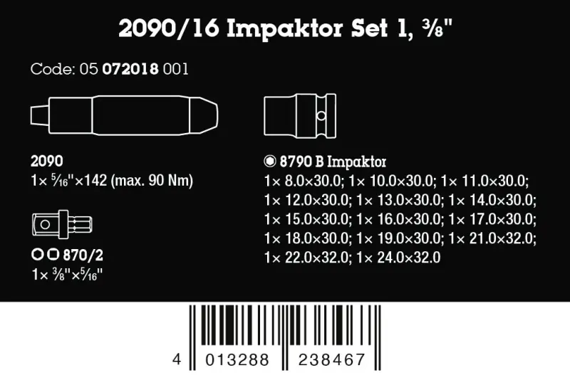 Wera 072018 Nástrčné hlavice 3/8" 10 ÷ 24 mm Impaktor 1 a rázový utahovák 2090/16 - 16 dílů (W05072018001)