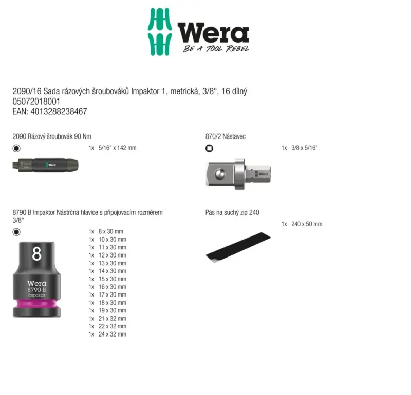 Wera 072018 Nástrčné hlavice 3/8" 10 ÷ 24 mm Impaktor 1 a rázový utahovák 2090/16 - 16 dílů (W05072018001)