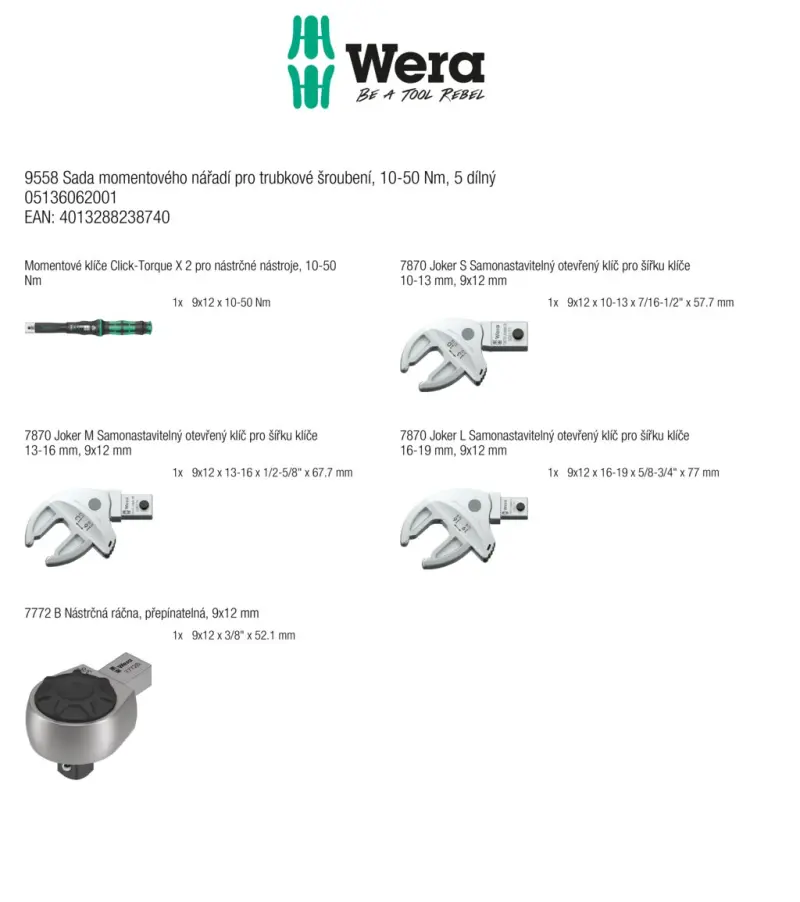 Wera 136062 Momentový klíč Click-Torque X 2 pro nástrčné nástroje 14x18mm (10 ÷ 50 Nm). Typ 9558 - 5 dílů (W05136062001)