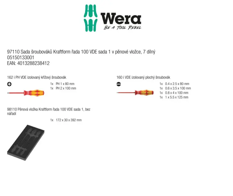 Wera 150133 Nářaďový modul - pěnová vložka 97110. Šroubováky Kraftform Serie 100 VDE. SL, PH. Sada 1 - 7 dílů (W05150133001)