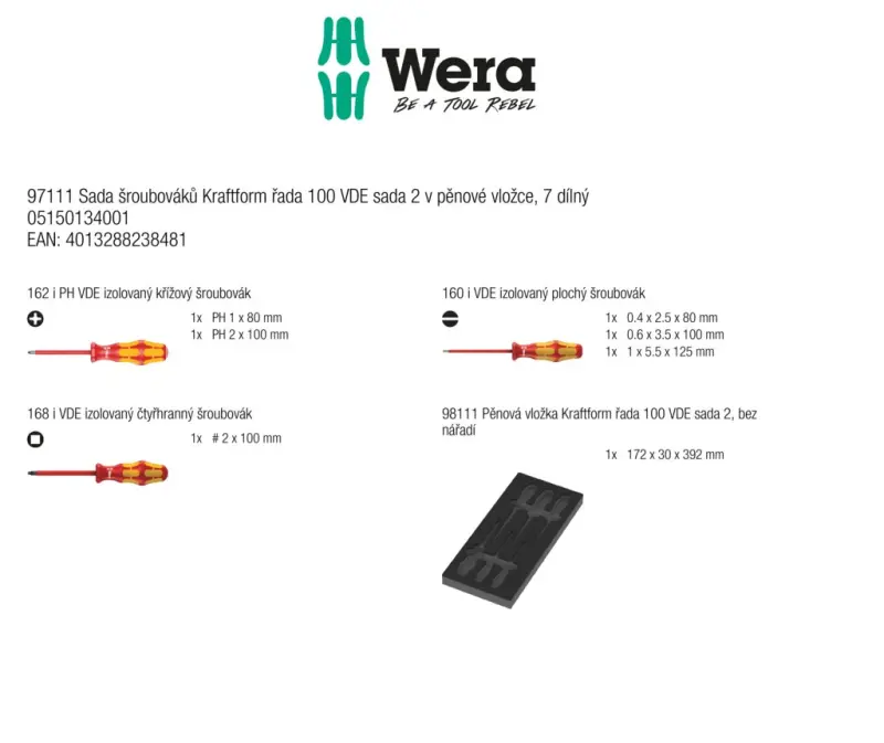 Wera 150134 Nářaďový modul - pěnová vložka 97111. Šroubováky Kraftform Serie 100 VDE. SL, PH, čtyřhran. Sada 2 - 7 dílů (W05150134001)