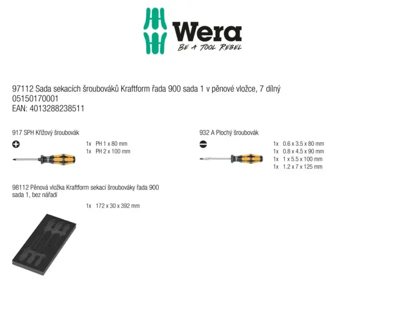 Wera 150170 Nářaďový modul - pěnová vložka 97112. Sekací šroubováky Serie 900. SL, PH. Sada 1 - 7 dílů (W05150170001)