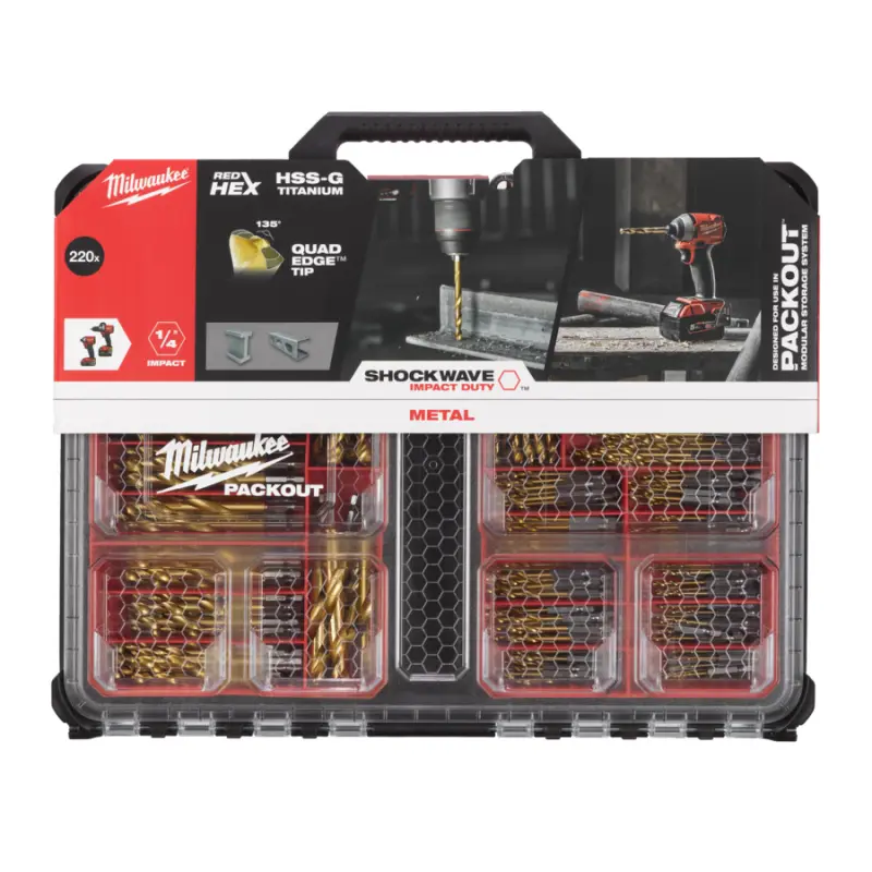 Sada vrtáků do kovu Milwaukee RED HEX SHOCKWAVE HSS-G TIN, PACKOUT, 220 ks, 4932502132