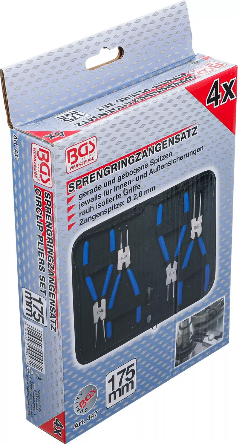 Kleště 175 mm na vnější/vnitřní pojistné kroužky BGS100447. Sada 4 díly (BGS100447)