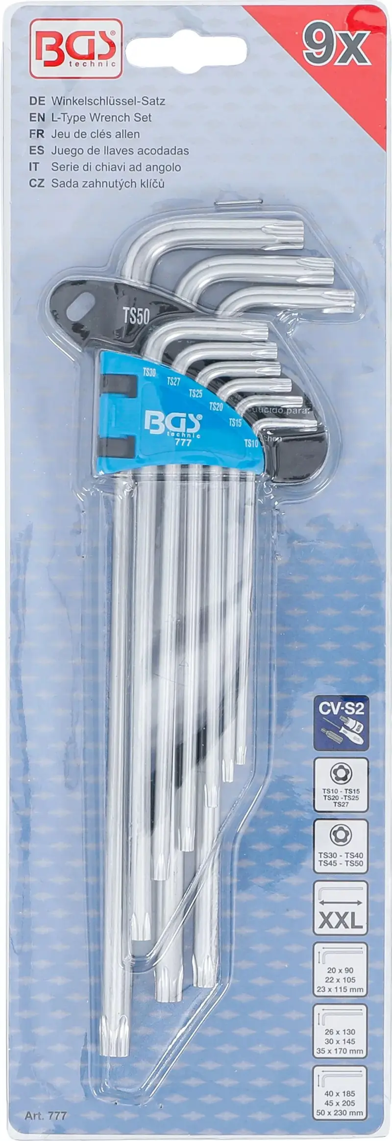 Zástrčné klíče TS-profil TS10 ÷ TS50 BGS100777 velmi dlouhé (pro Torx Plus), s vrtáním. Sada 9 dílná (BGS100777)