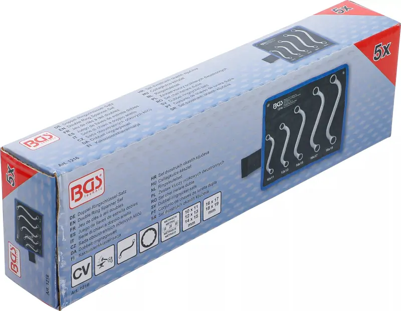 Oboustranné očkové klíče 10 ÷ 19 mm BGS101216, S-forma, dvanáctihran. Sada 5 dílů v tašce (BGS101216)