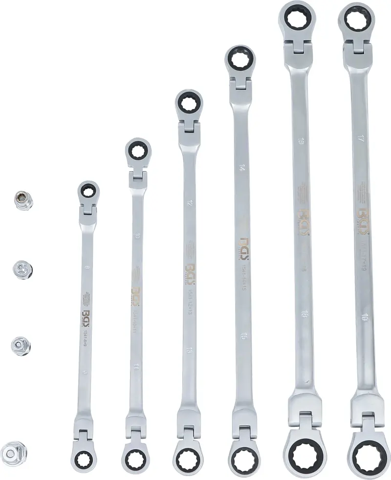 Očkové ráčnové klíče 8 ÷ 19 mm BGS101541, výkyvné, extra dlouhé. Sada 10 dílů (BGS101541)