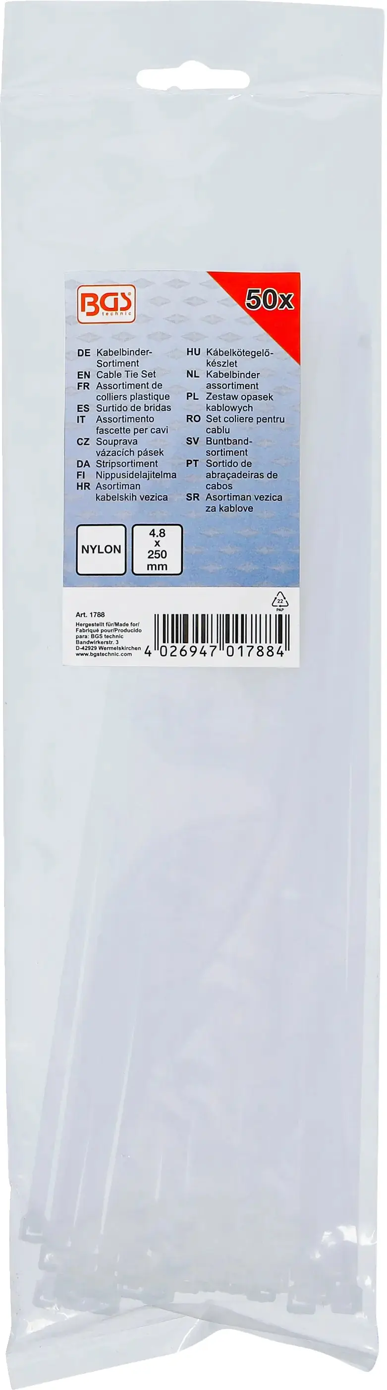 Vázací pásky 4,8 x 250 mm BGS101788. Bílé (Sada 50 dílů) (BGS101788)