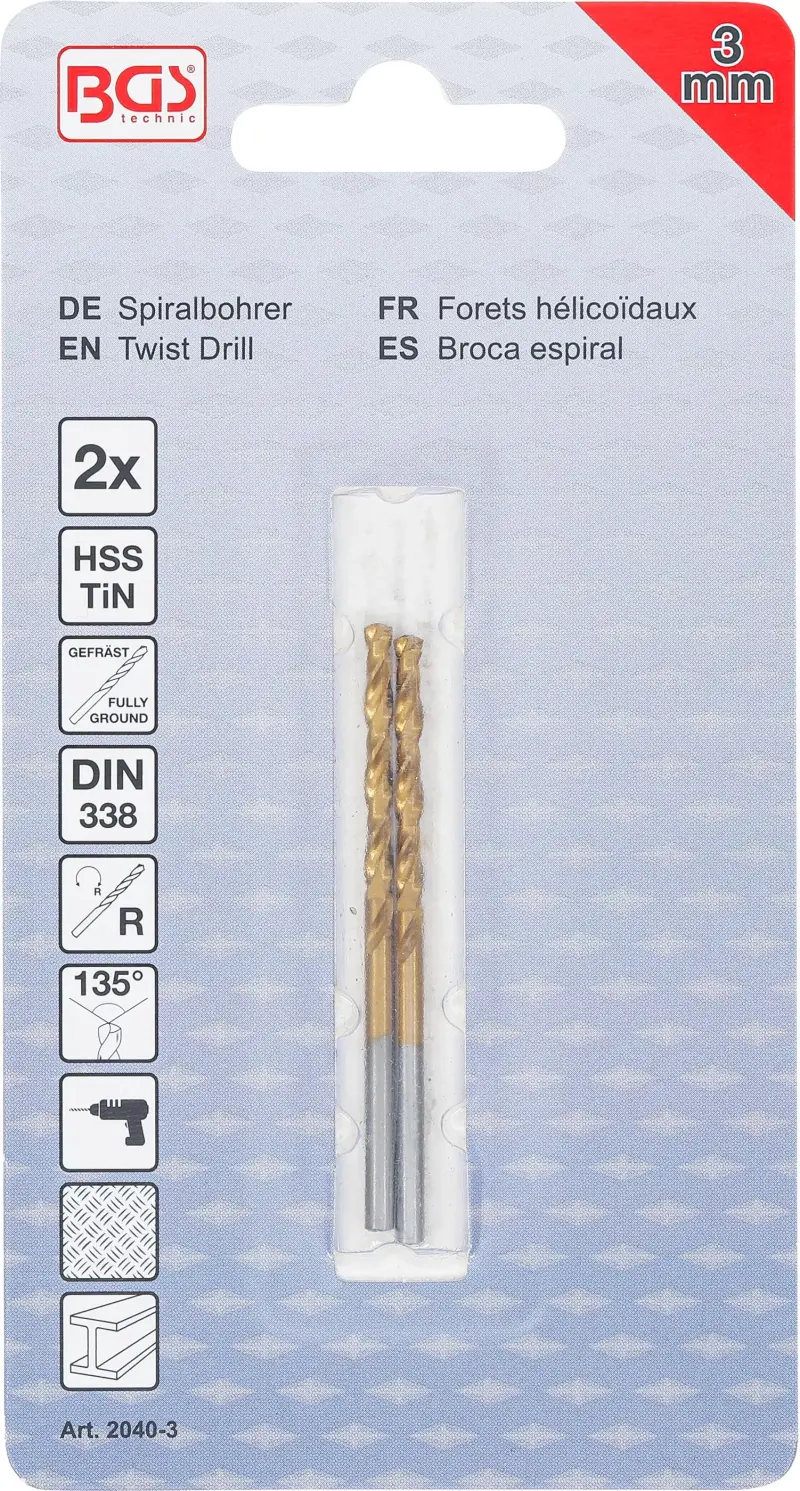 Vrták HSS-G průměr 3,0 mm BGS102040-3 TiN povrch. Sada 2 díly (BGS102040-3)