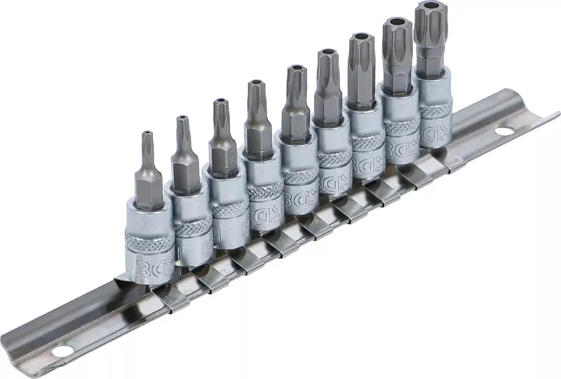 Zástrčné hlavice 1/4" T-Profil s vrtáním T10 ÷ T50 BGS102165 Sada 9 dílů na kolejnici (BGS102165)