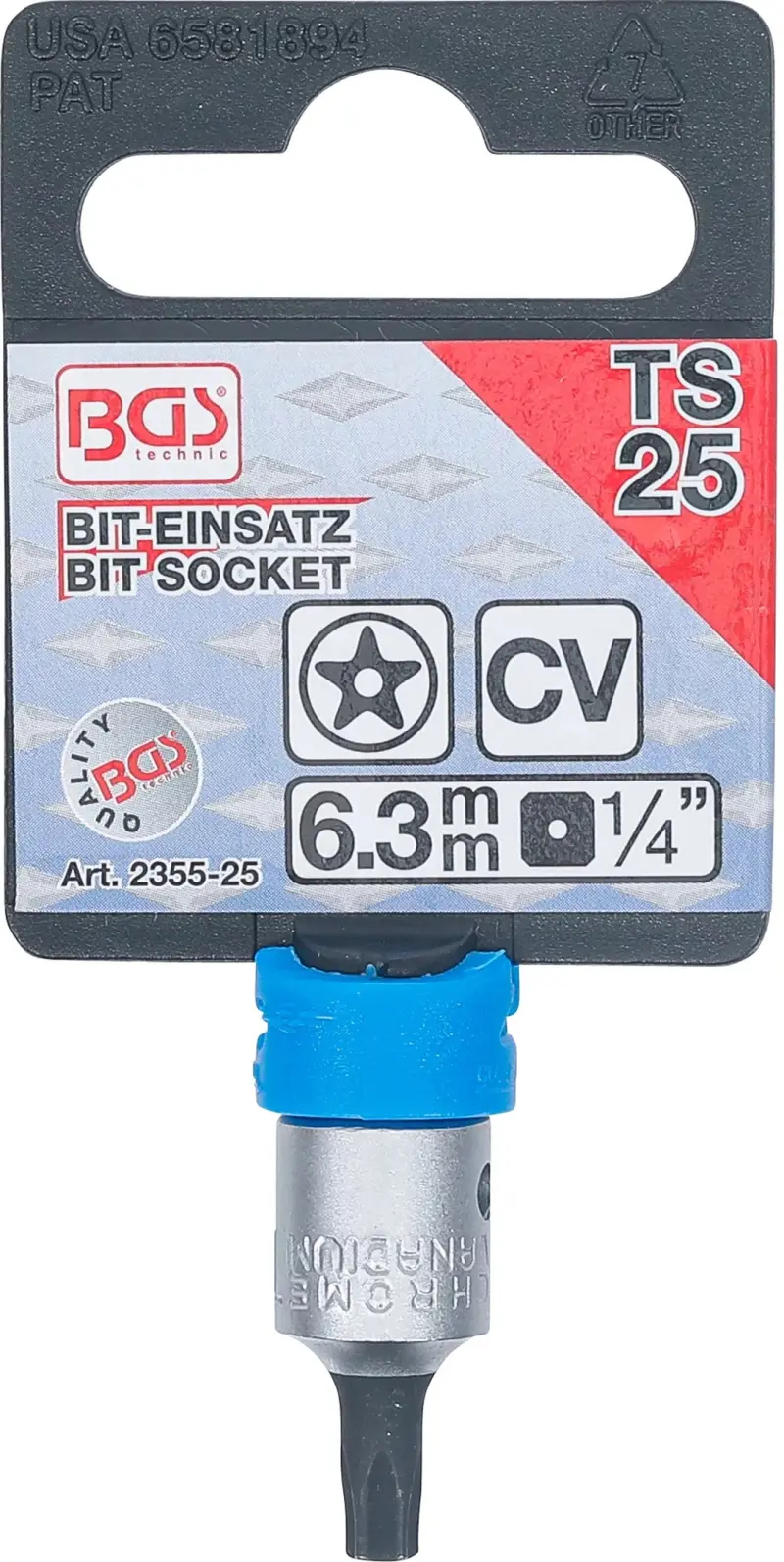 Zástrčná bitová hlavice 1/4" TS25 (5 hvězda) s vrtáním. BGS 2355 (BGS102355-TS25)