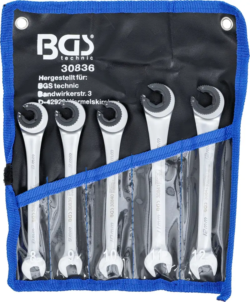 Otevřené očkoploché klíče 8 ÷ 12 mm s ráčnou BGS1030836. Sada 5 dílů v tašce (BGS1030836)